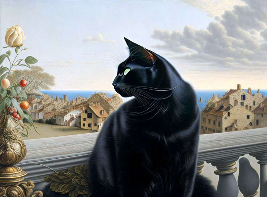 Black Cat on Balcony Overlooking Renaissance Town with Golden Vase and Rose