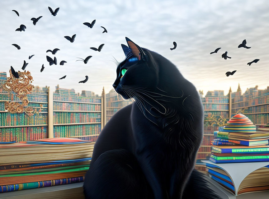 Black Cat with Green Eyes Observing Birds in Front of Library Window