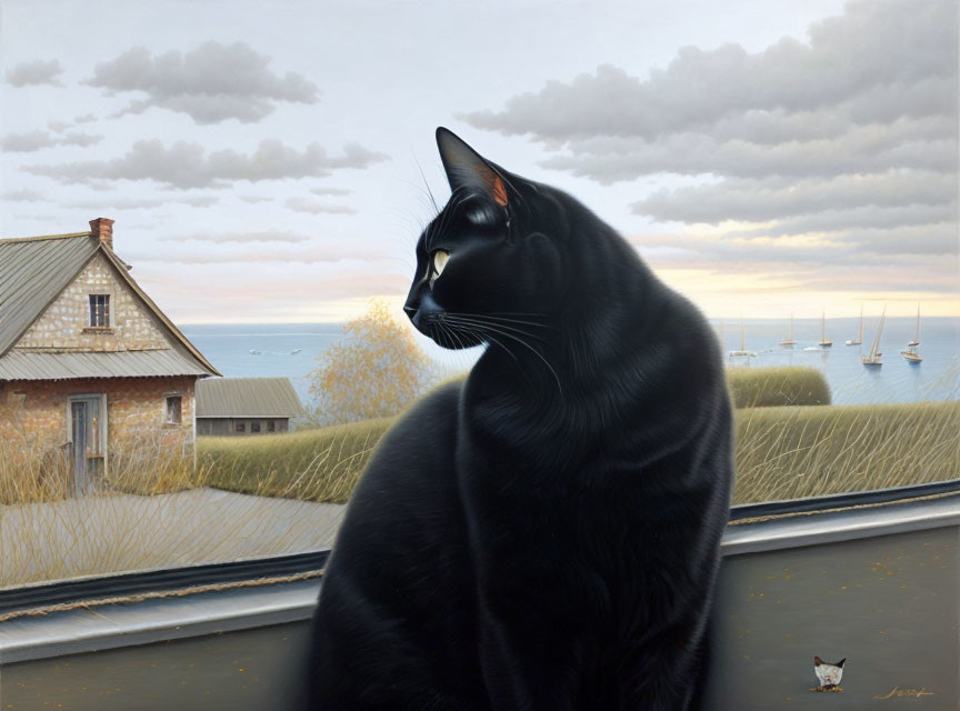 Black Cat Observing Coastal Landscape from Windowsill