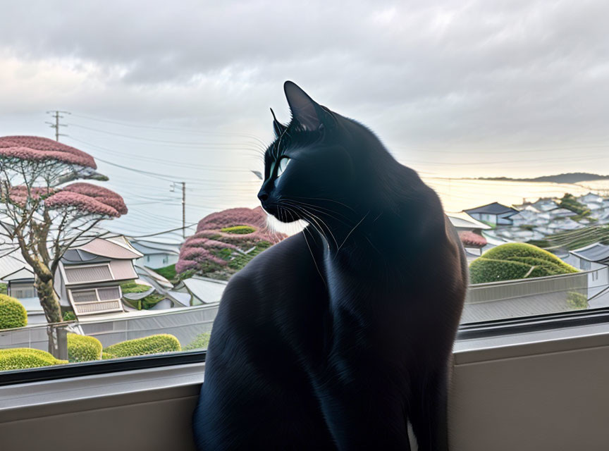 Black Cat on Windowsill Observing Suburban Dusk Landscape