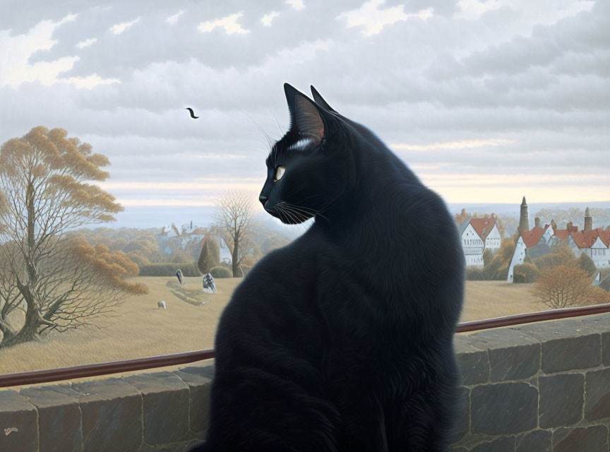 Black Cat Overlooking Tranquil Village Landscape