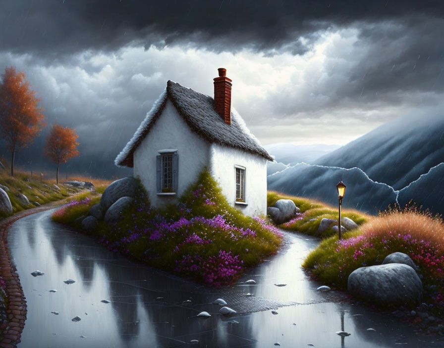 Red-chimneyed cottage under stormy sky with glowing streetlamp