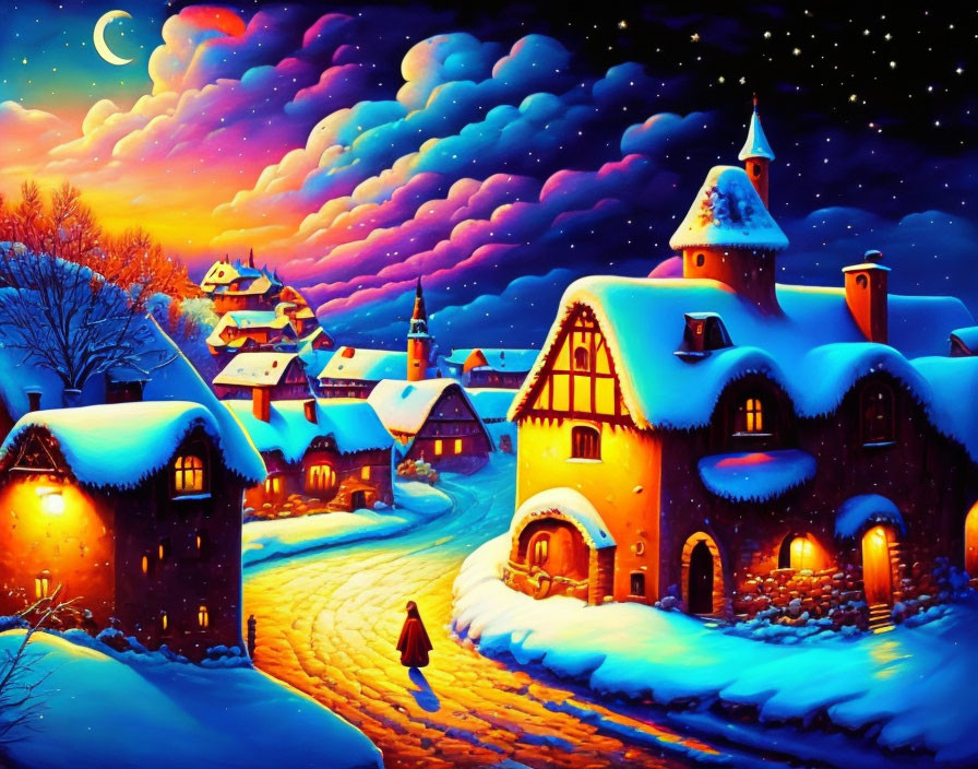 Whimsical snow-covered village painting with colorful houses and starry sky