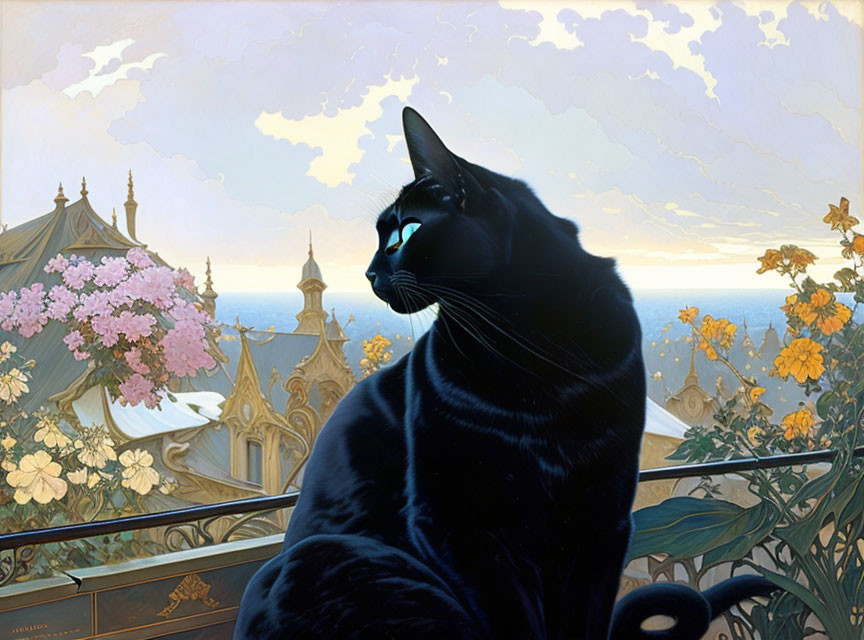 Black Cat Perched on Balustrade Amid Ornate Buildings and Sky