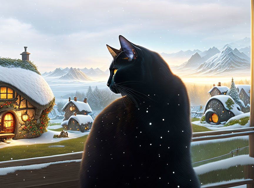 Black cat on wooden fence overlooking snowy village scene at dusk