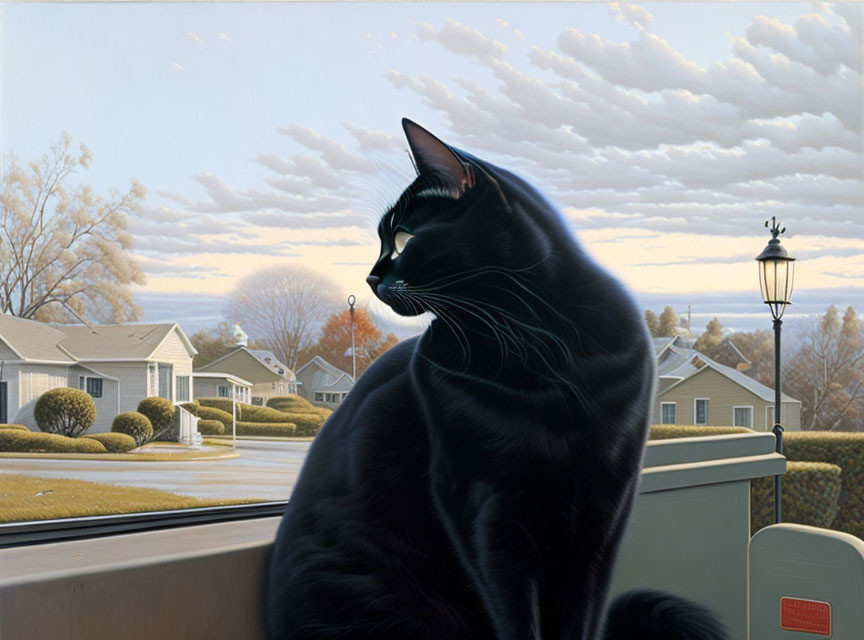 Black Cat Sitting on Windowsill Overlooking Peaceful Suburban Neighborhood