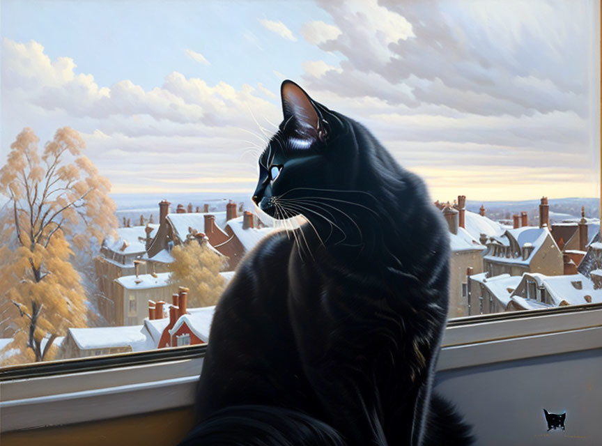 Black cat on windowsill overlooking serene winter landscape