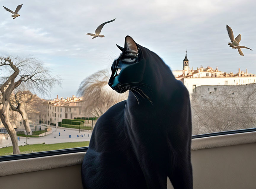 Black Cat Watching Cityscape Through Window on Ledge