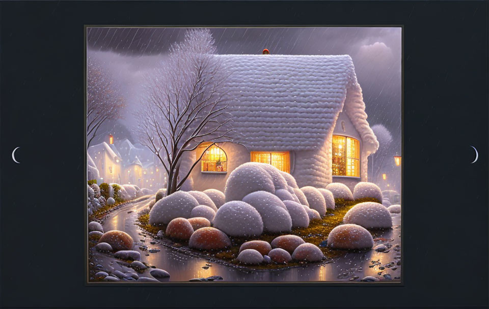 Snow-covered cottage at night in wintry landscape with glowing windows.