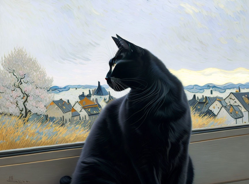 Black Cat on Window Sill Observing Van Gogh-Inspired Landscape