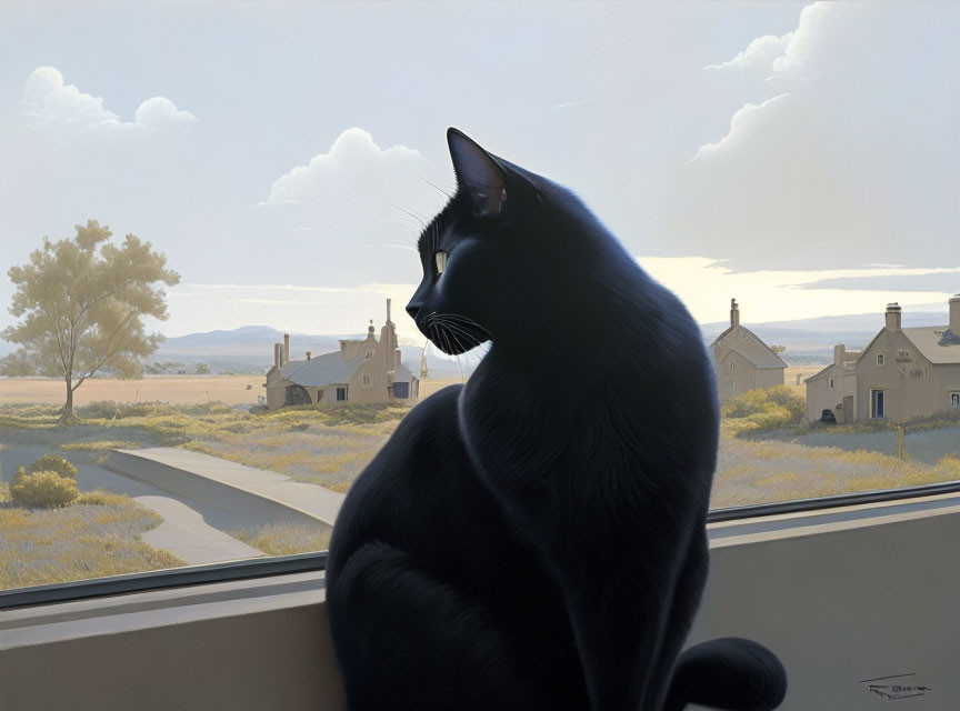 Black cat on windowsill overlooking lavender fields and houses under cloudy sky