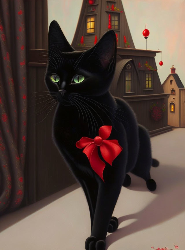 Black cat with green eyes and red bow in front of quaint houses with red lanterns