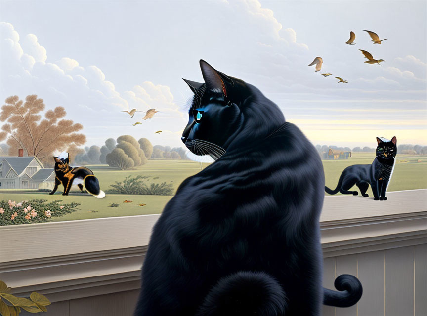 Three Black Cats in Pastoral Scene with Birds Flying