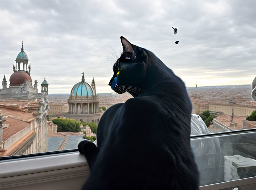 Black cat with glowing yellow eyes observes cityscape with domed buildings and bird.