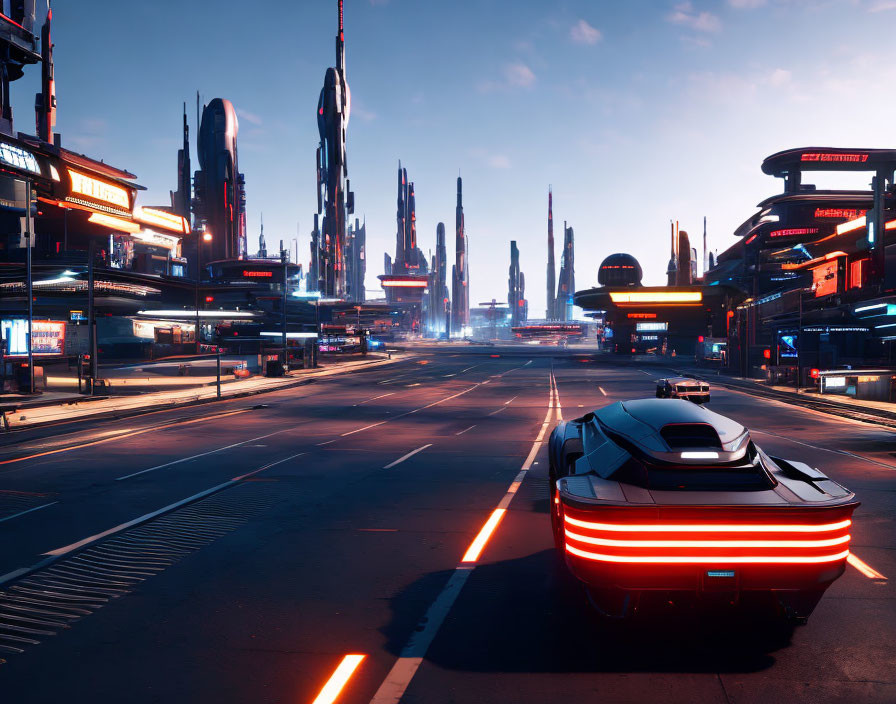 Neon-lit futuristic cityscape with modern car at dusk