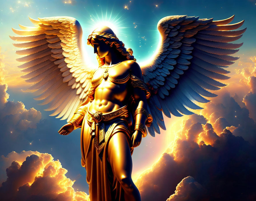 Majestic winged figure in golden armor against dramatic sky