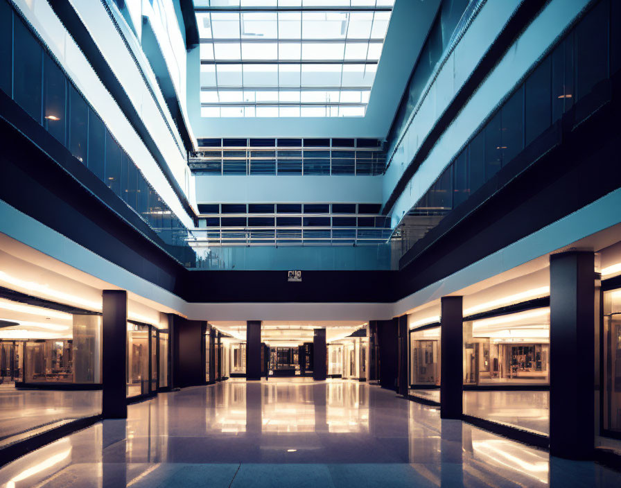 Sleek modern office building interior with reflective floors and glass windows