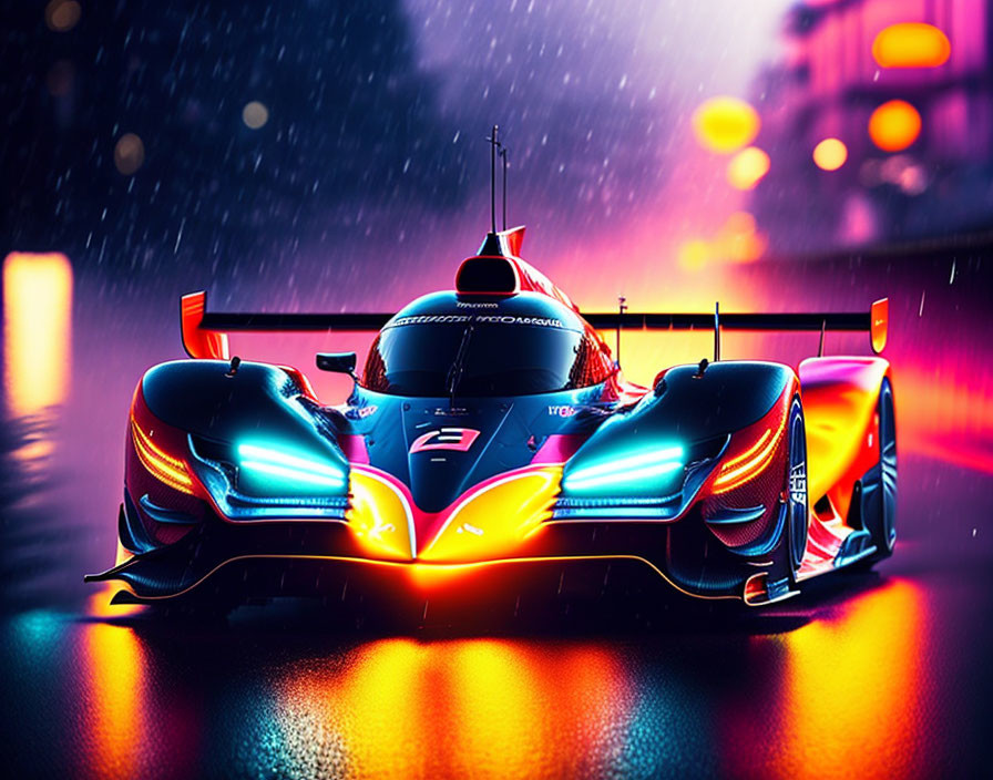 Colorful Neon Racing Car Speeds Through Rainy Night Street