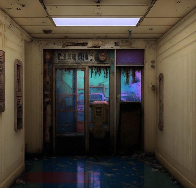 Desolate corridor with payphone and tarnished door in blue-lit room