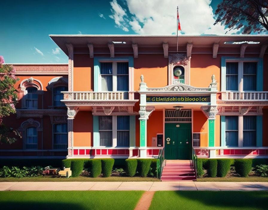 Symmetrical two-story orange building with green accents and Mexican flag on manicured lawn.