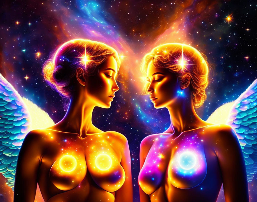 Celestial beings with wings in vibrant cosmic scene