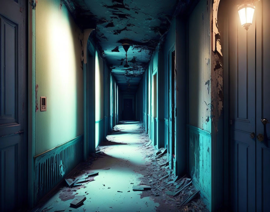 Eerie dimly lit corridor with peeling blue walls and scattered debris