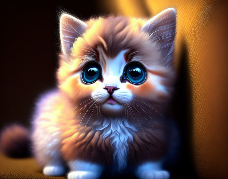 Fluffy kitten with large blue eyes on amber background