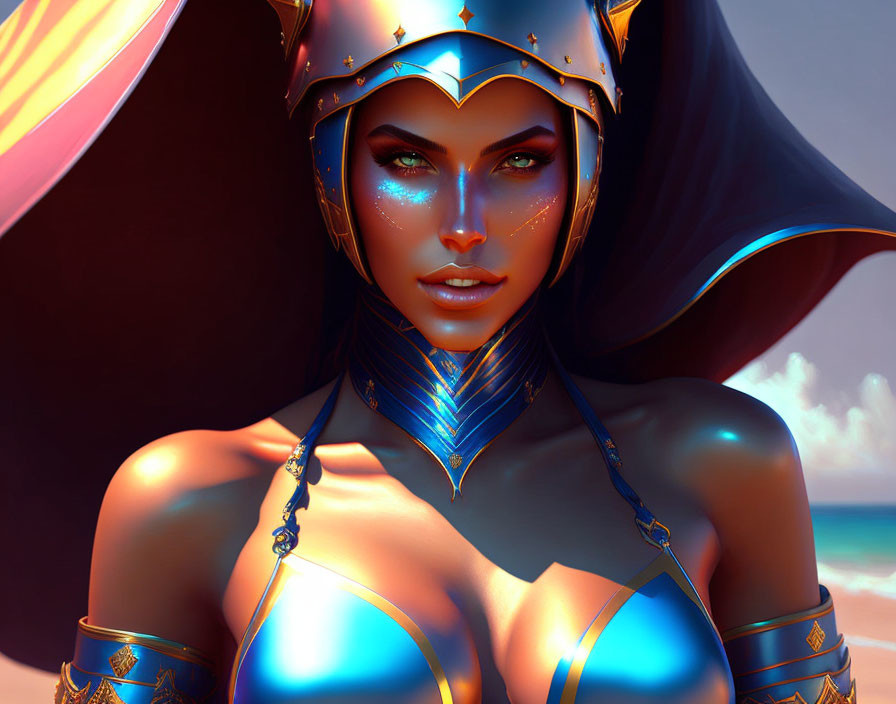 Fantasy female character portrait in blue and gold armor on sunny beach