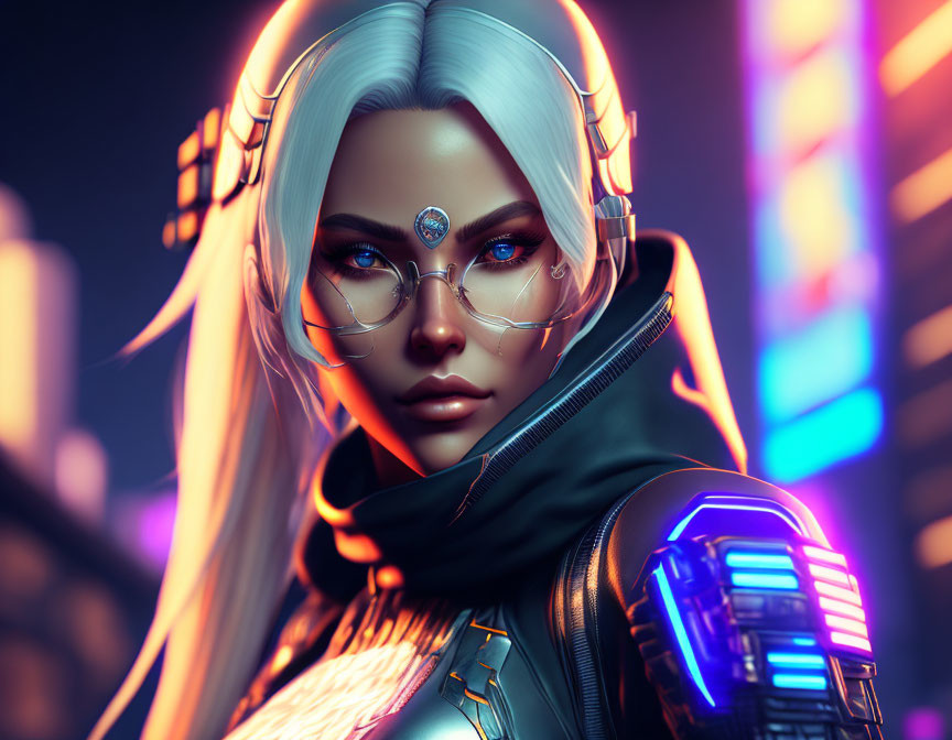 Futuristic female character with silver hair and cybernetic earpieces in glowing blue attire against neon