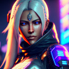 Futuristic female character with silver hair and cybernetic earpieces in glowing blue attire against neon