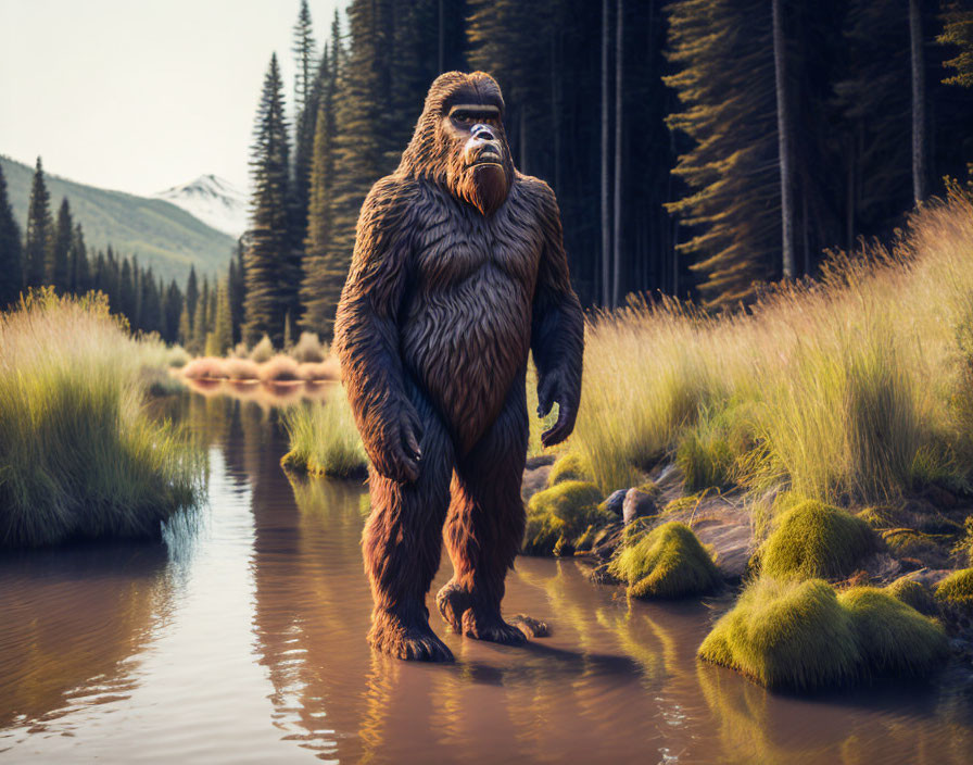 Mysterious figure in creek surrounded by pine trees and mountains