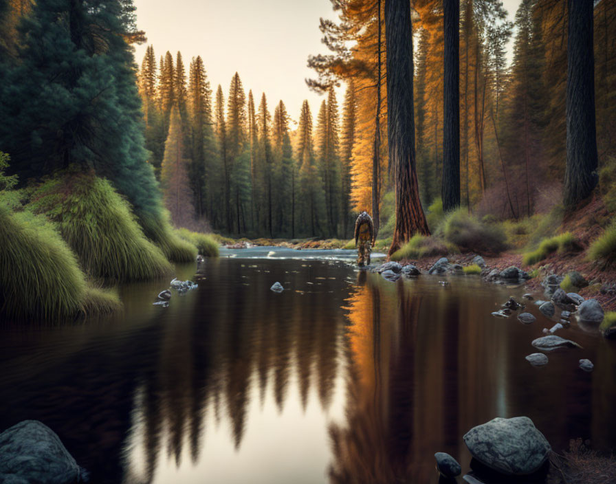 Tranquil river landscape with pine trees and sunset ambiance.