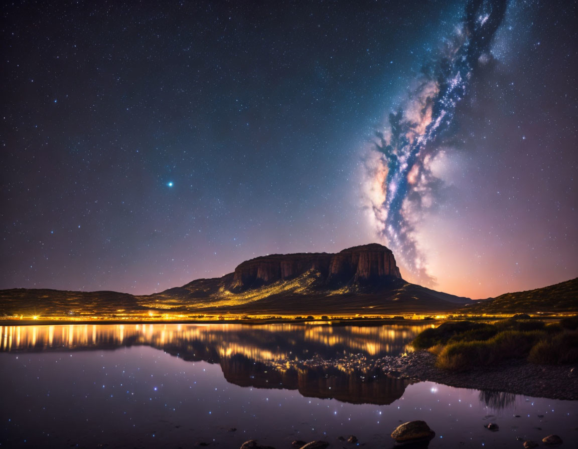 Starry Night Landscape with Milky Way over Mountain Lake