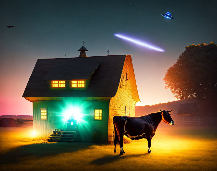 Cow and alien spaceship in countryside setting at dusk