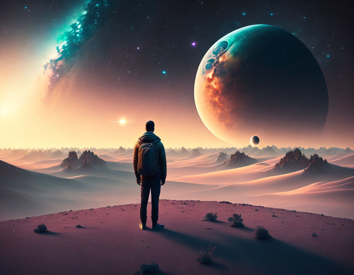 Explorer on desert landscape gazes at massive planet and stars in twilight sky