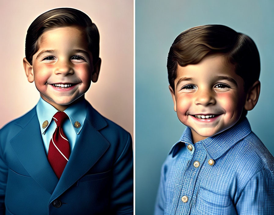 Smiling young boy in blue suit and casual shirt diptych