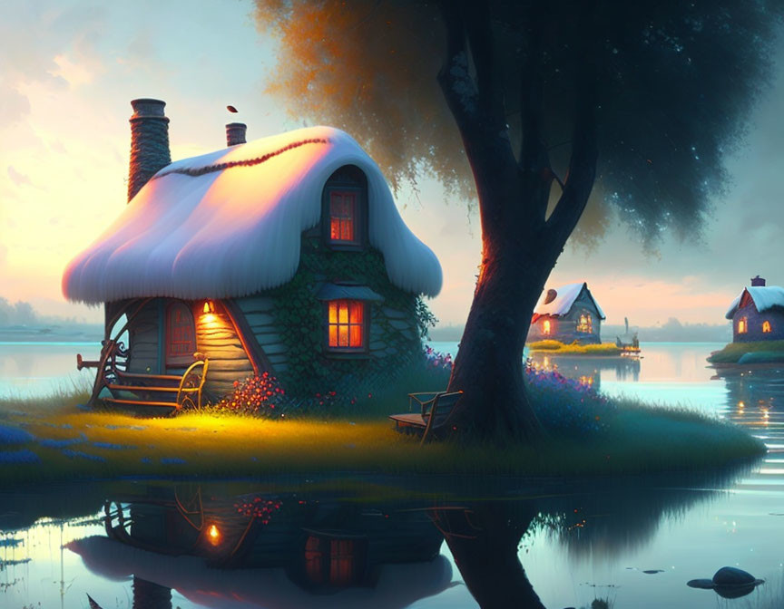 Snowy Roof Cottage by Tranquil Lake at Twilight