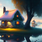 Snowy Roof Cottage by Tranquil Lake at Twilight