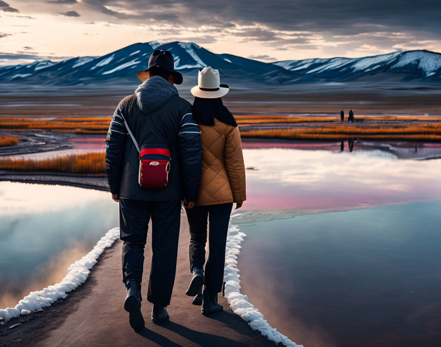 Couple holding hands by snowy water with mountain backdrop