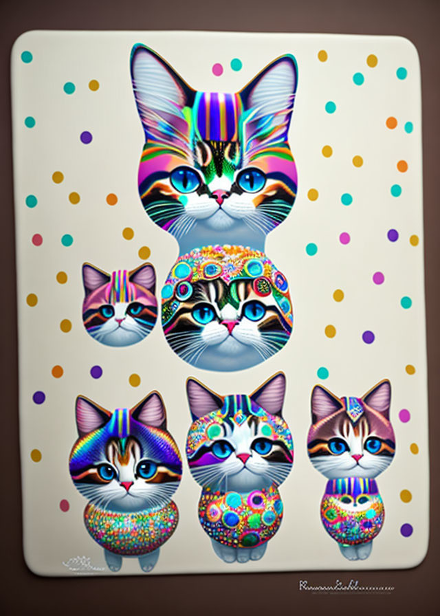 Five colorful stylized cat faces on polka-dotted beige background