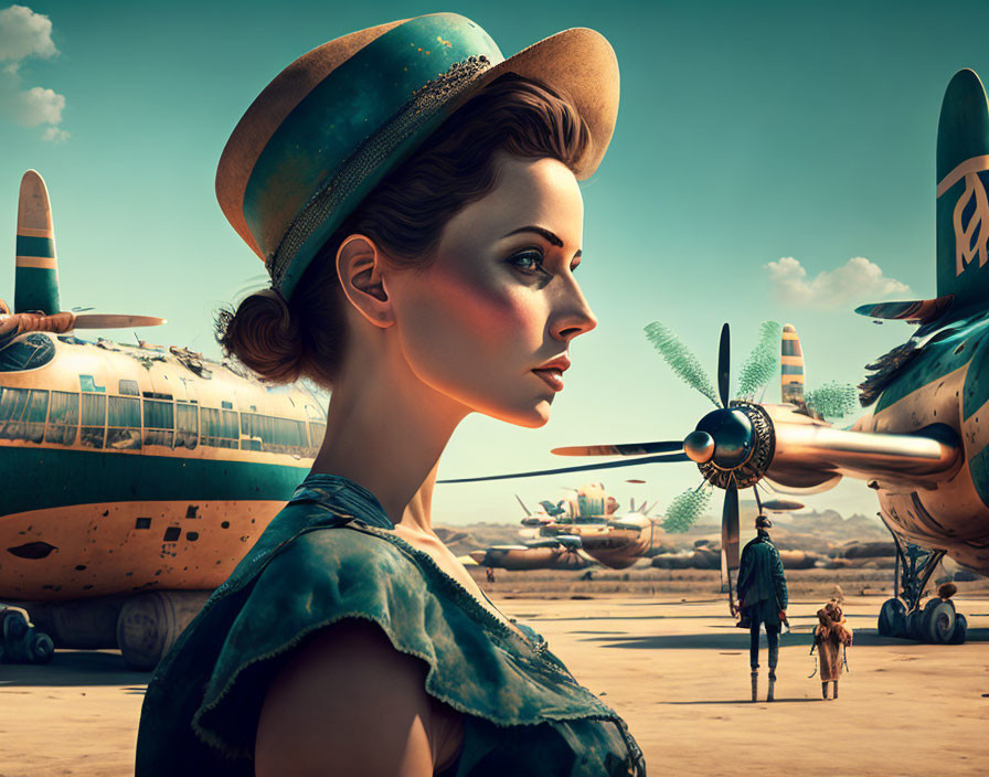 Vintage portrait of a woman in a hat with planes and people in an old airfield scene