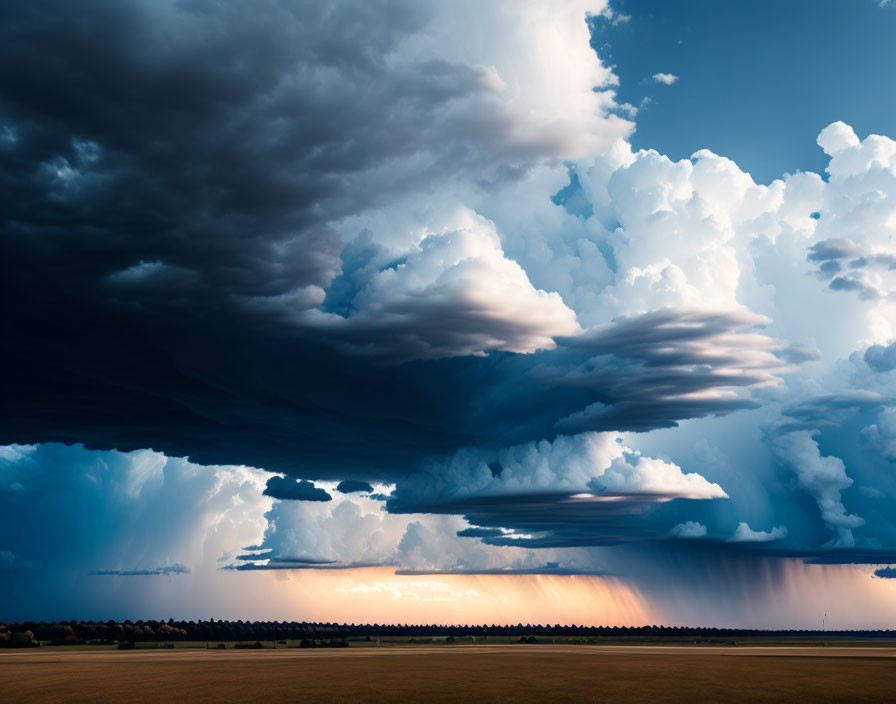 Dramatic cloudscape over sunlit field with distant rain