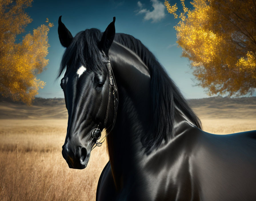 Majestic black horse in golden autumn landscape