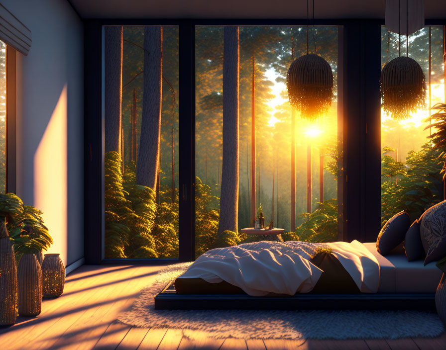 Cozy bedroom with forest view at sunset, low bed, hanging lamps, plants by window