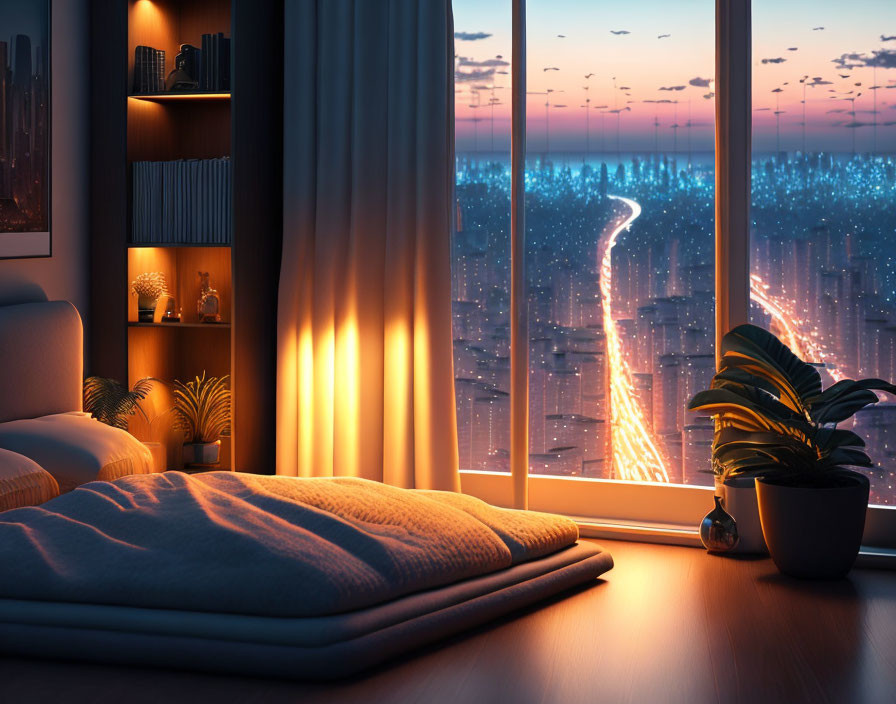 Cozy bedroom interior with night cityscape view and plant on window sill