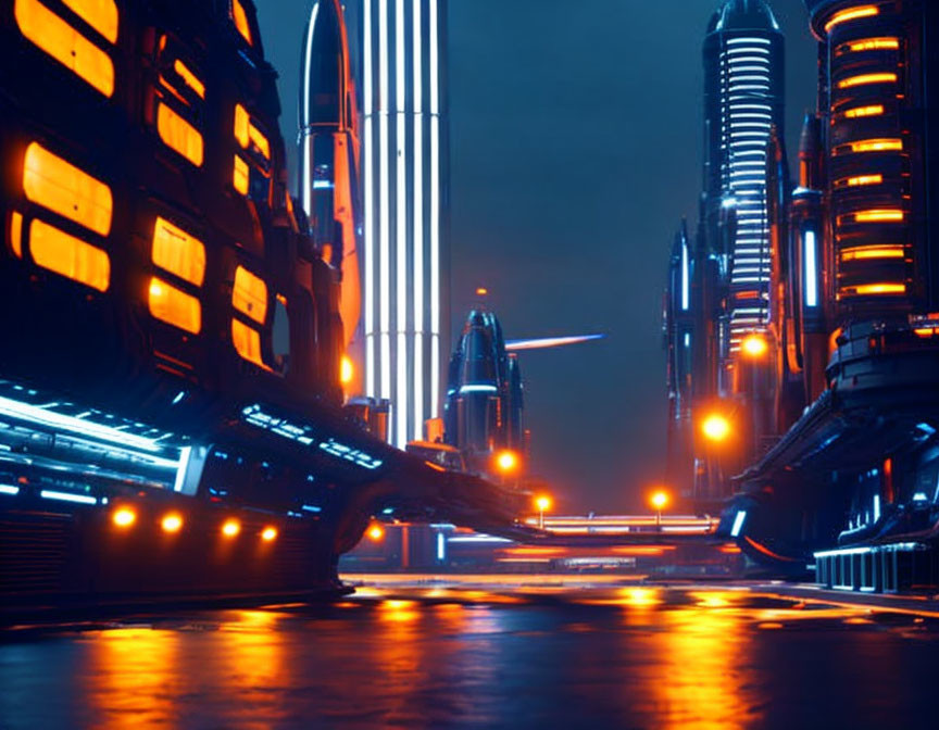 Futuristic night cityscape with illuminated high-rises and neon lights