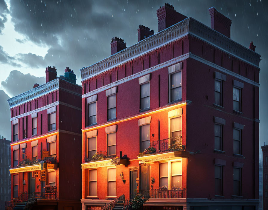 Victorian-style red brick buildings in rainy evening ambiance