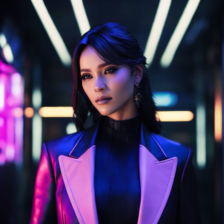 Dark-haired woman in stylish jacket in neon-lit corridor