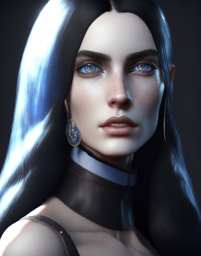 Portrait of woman with blue eyes and blue-black hair in choker and earrings