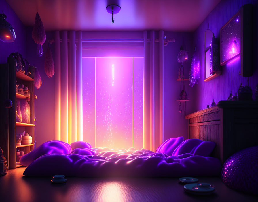 Purple-themed Bedroom with Neon Lights, Dreamcatchers, Soft Bed, and Mystical Window